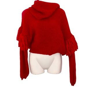 Maison Pholya red Fringe Chunky Slouchy Sweater With detachable scarf